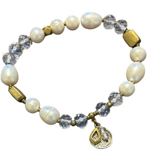 Silpada White Pearl , Brass and Glass Beaded Bracelet with Silver Charm